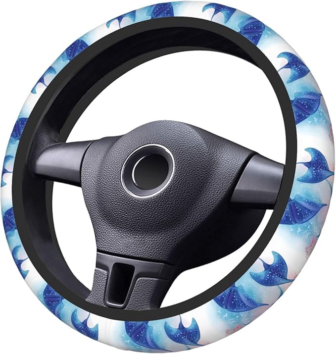 Elastic Stretch Car Steering Wheel Cover Universal 15 inch Anti-Slip Auto Steering Wheel Protector Sea Animals Stingrays Steering Wheel Covers Warm in Winter and Cool in Summer, Black