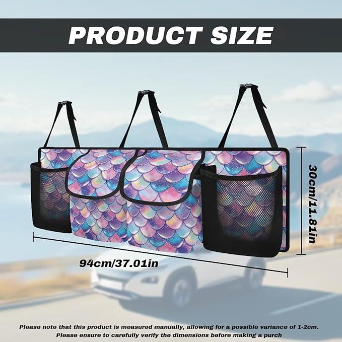 CLOHOMIN Colorful Fish Scale Car Trunk Organizer for Sedan Truck SUV Van Back Seat Storage with 4 Pockets Hanging Car Cargo Trunk Storage Organizer Bag