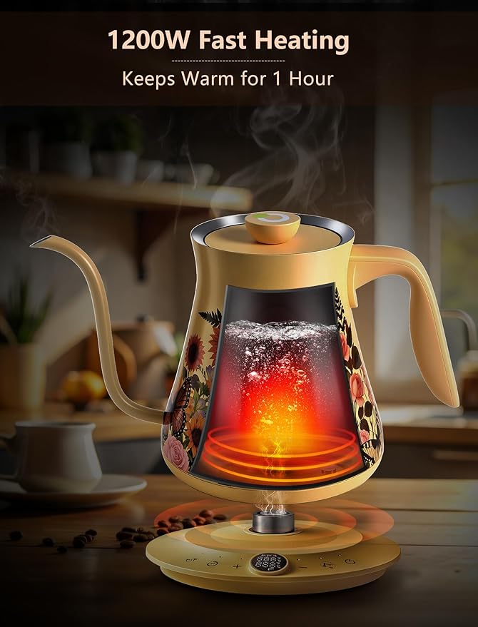 0.8L/27oz Gooseneck Electric Kettle - ±1℉ Precise Temperature Control for Pour Over Coffee & Tea, 1200W Fast Heating, Auto Shut-Off, Built-in Brew Timer, BPA-Free Stainless Steel, Floral