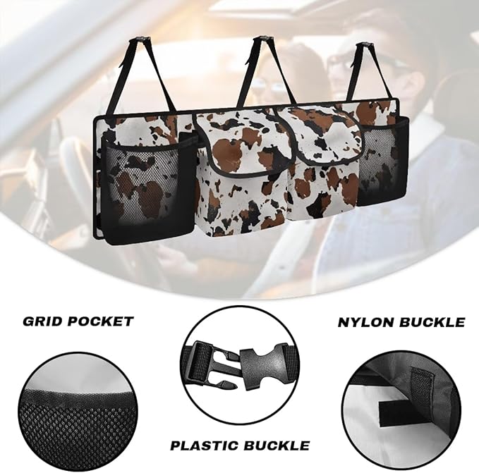 Car Trunk Organizer and Storage Backseat Hanging Organizer Brown Cow Print Car Accessories Oxford Cloth Washable Space-Saving Backseat Car Organizer for SUV/MPV/Truck/Sedan/Van
