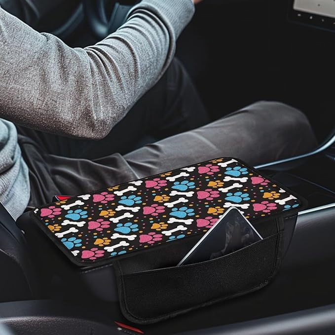 BIGCARJOB Cute Paw Print Auto Armrest Cover for Center Console,Portable Car Center Console Cover with Side Storage Universal Car Armrest Storage Box Car Interior Accessories for Most Vehicles