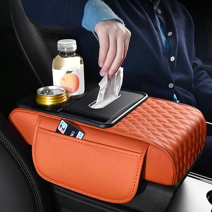 Car Center Console Armrest Pad, Arm Rest Box Cushion with Ergonomic Height Boost, Storage Pockets, Built-in Tissue Box, Cupholder, Fit for Most Sedan Vehicles (Embroidery Water Ripple, Pink)