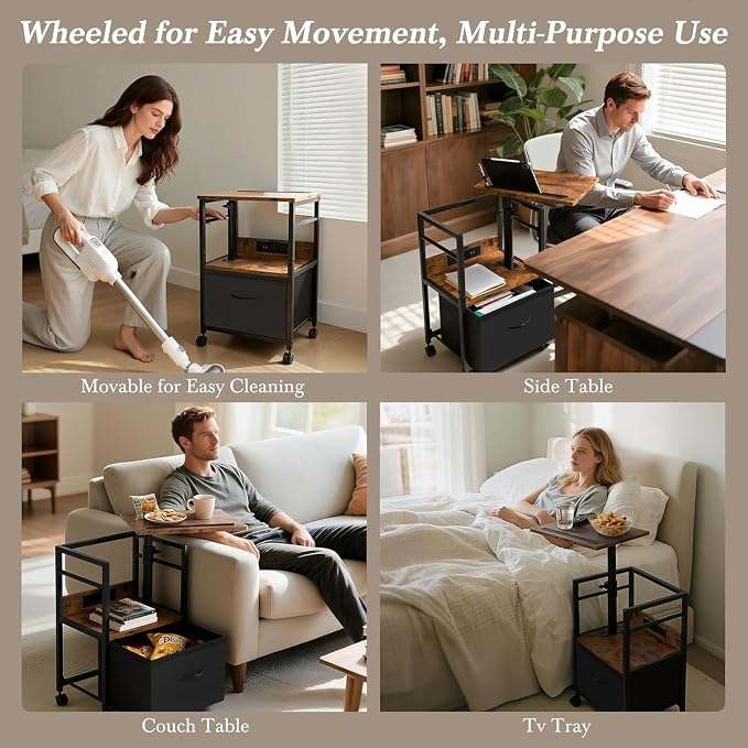 Faesun Swivel Lift Top Nightstand with Charging Station, Rolling Side Table for Recliner, Bedside Table with Wheels & a Fabric Drawer, for Small Spaces, for Bedroom, Living Room, Brown Black