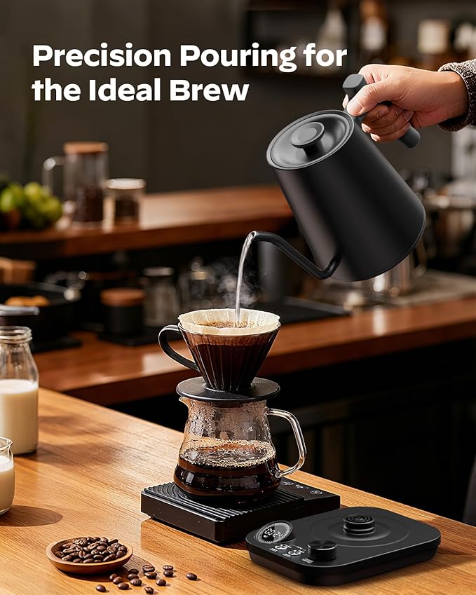 Silonn Electric Gooseneck Kettle - ±1°F Precise Temp Control, 0.9L 304 Stainless Steel | 4-Hour 212°F Keep Warm, 7 Presets & LED Brew Timer for Pour-Over Coffee