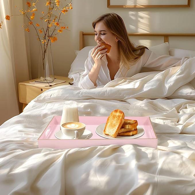 MAONAME Pink Serving Tray with Handles, Modern Decorative Tray for Coffee Table, Plastic Rectangular Trays for Ottoman, Bathroom, Decor, 15.8” x 10.2” x 1.4"