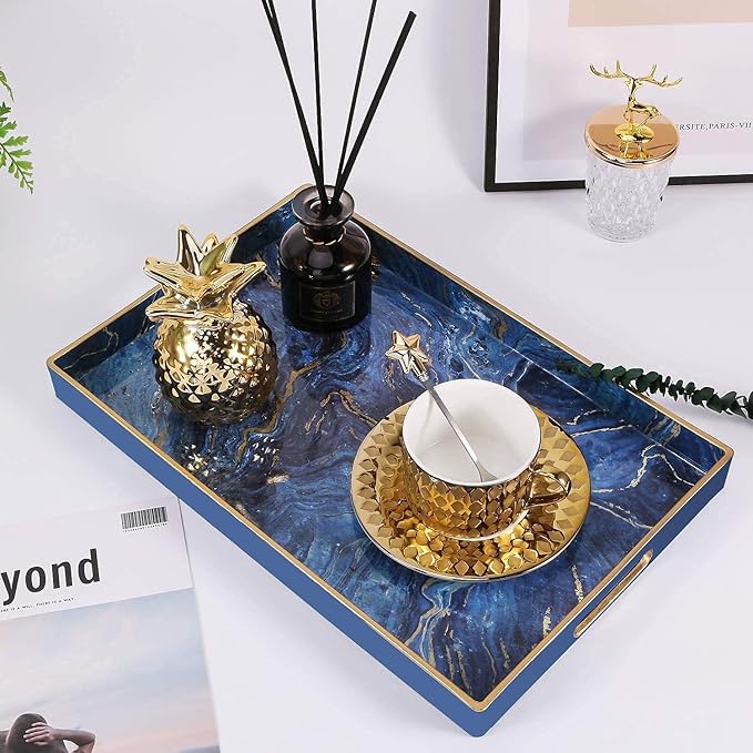 Zosenley Plastic Serving and Decorative Tray with Handles for Ottoman, Coffee Table, Bathroom Vanity, Blue Marble Rectangular Tray for Countertop and Kitchen, 15.6 x 10.2 Inches