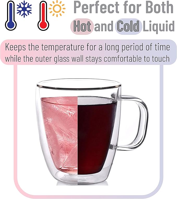 BTaT- Double Walled Glass Coffee Mugs, 12 oz, Set of 4, Glass Coffee Cups with Handle, Insulated Clear Coffee Mug for Hot Beverages, Cappuccino, Latte, Tea, Americano, Microwave & Freezer Safe