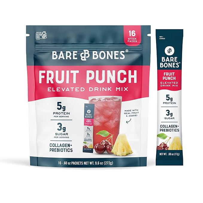 Bare Bones Fruit Punch Elevated Drink Mix | Collagen & Prebiotics | Gluten-Free & Naturally Sweetened | On-the-Go Stick Single-Serve Packs Powdered Refreshment | 5g Protein | 16 Packets (.60 oz)