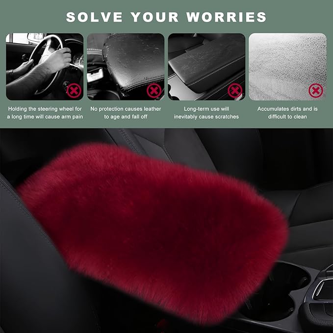 Furry Car Center Console Cover Pad, 11.8"×7.9" Auto Fluffy Plush Center Armrest Protective Cover, Comfortable Fuzzy Armrest Seat Box Protector Cushion for Cars Trucks SUVs (Wine Red)