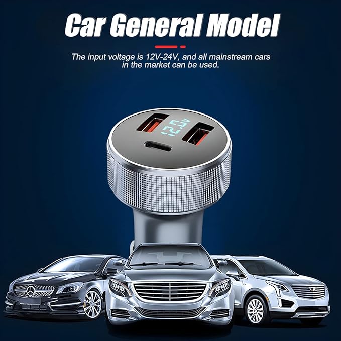 72W Fast Car Charger Adapter, Dual USB Fast Charging Type C Car Charger with LED Display Adapter, QC 3.0 PD Cigarette Lighter Adapter for Laptop Smartphone, 3 in 1 Power Delivery for All Car