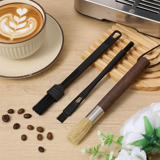 3Pcs Coffee Grinder Cleaning Brush Set, Espresso Machine Brush Cleaner Tools with Walnut Wood Handles & Natural Bristle for Barista & Home Kitchen Use, Coffee Grinder Brushes for Coffees Bar Accessory