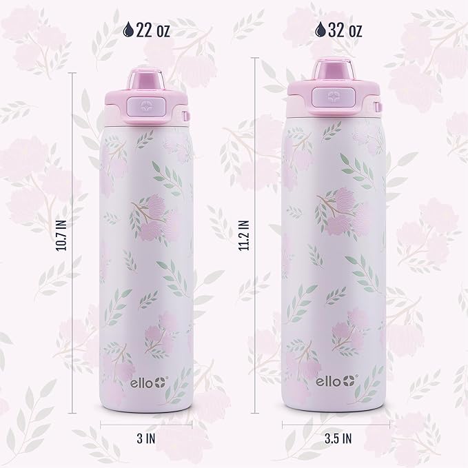 Ello Pop & Fill Insulated Stainless Steel Water Bottle with Quick Fill Lid, Leakproof Locking, Sip or Chug Spout, BPA-Free, Double Wall Vacuum Insulated for Sports, Travel & School- 22oz / 32oz / 40oz