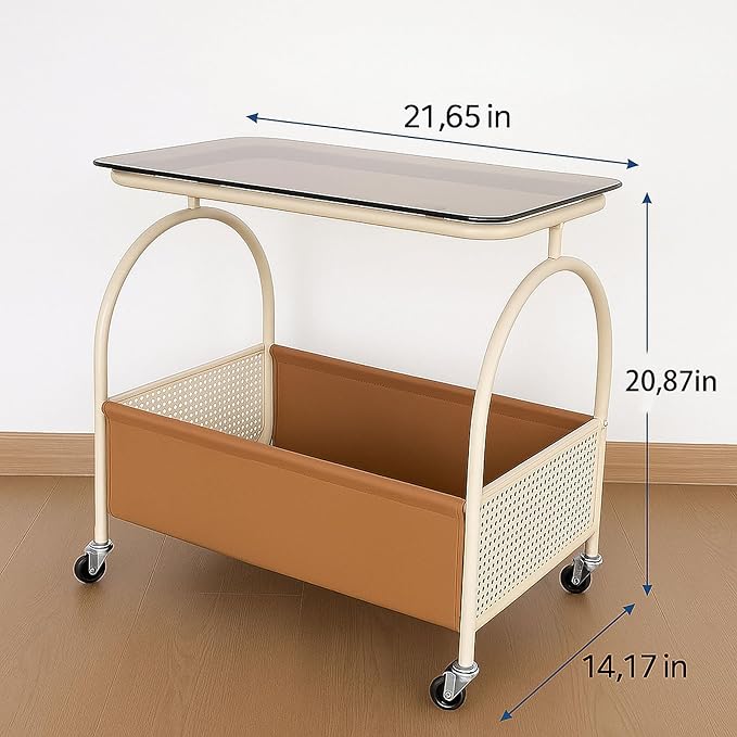 D&H FURNIMMT 2-Tier Rolling Side Table with Glass Top Storage Basket Mobile End Table/Coffee Table with Wheels for Living Room, Bedroom, Kitchen, Balcony Brown & White(22" x 14" x 21")