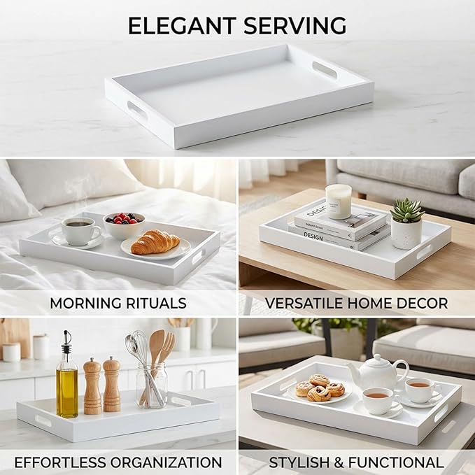 Krismax Wooden Serving Tray with Handles, Serving Platter 15.7x11.4 Inch Food Drinks Tray for Coffee Table,Decorative Storage Tray for Entertaining, Breakfast Tray in Bed,Lunch,Dinner,BBQ(White)
