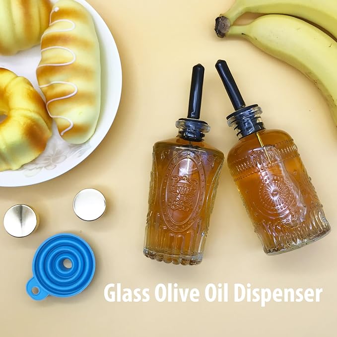 Olive Oil Dispenser Bottle, 2 Pcs Oil and Vinegar Dispenser Set,Glass Oil Bottles 7OZ,Coffee Syrup Dispenser, Elegant Glass Cooking Dispenser for Kitchen