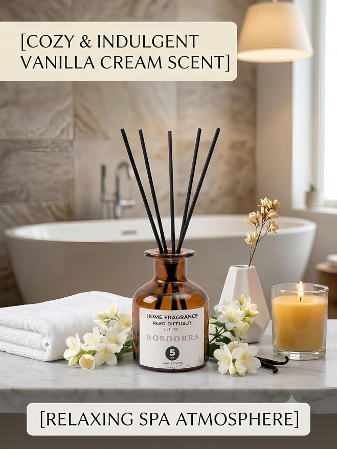 Reed Diffuser Set, Vanilla Cream Scent, 5 oz | Home Fragrance, 5 Sticks Included, Cozy sweet bean scent, 90 days fiber diffusion