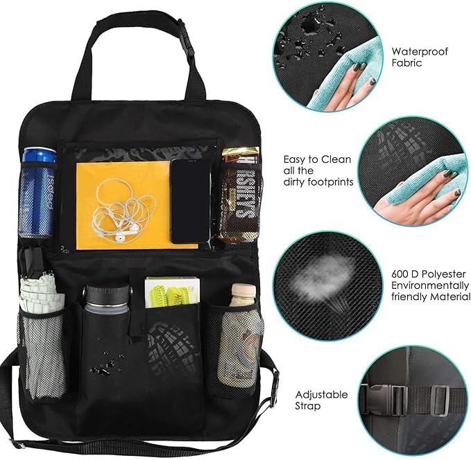 Car Back Seat Organizer with Tablet Holder, 17.3x24.4 inch, Multi-Pocket Storage, 2-Pack, Black