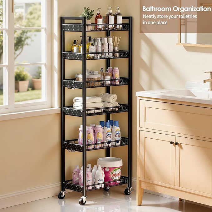 6 Tier Slim Storage Cart, Narrow Rolling Cart with Wheels, Narrow Mobile Utility Shelf Unit Organizer for Kitchen, Bathroom, Laundry Room, Living Room, Small Places, 10in(W), Black