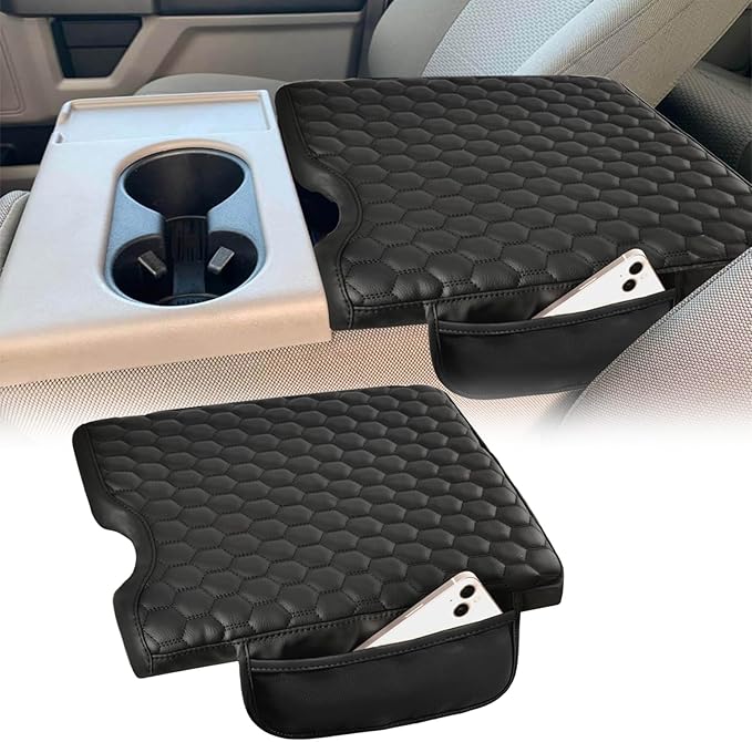 Center Console Cover Compatible with 2015-2025 Ford F150, 2017-2025 F250 F350 F450 with 40/20/40 Jump Seat, Leather Armrest Cover Middle Console Cover with Two Side Pockets (Jump Seat Only)
