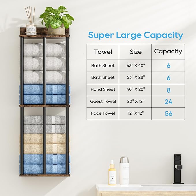 Towel Racks for Bathroom Wall Mounted with Wooden Storage Shelf | Updated 3 Bar Metal Towel Holder for Rolled Towels, Sturdy and Large Capacity, Towel Storage Organizer