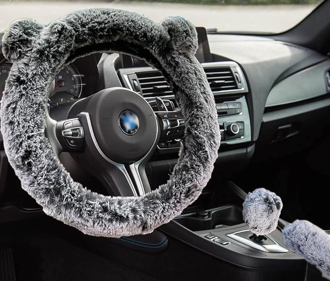 Fuzzy Steering Wheel Cover, Cute Fluffy Car Wheel Cover Women Bear Panda Ears 14.5" 15inch, Soft Warm Furry Plush Wool Fur Wheel Protector & Handbrake & Gear Shift Cover Set, Winter Warmer hands, Grey