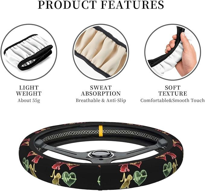 Neoprene Steering Wheel Cover Dog Love Car Steering Wheel Cover Universal Fit for Most Cars