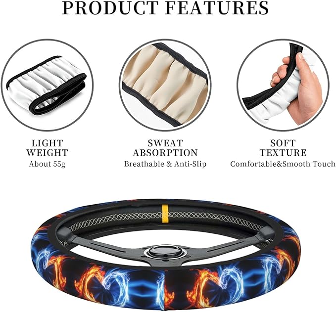 Fire Water Heart Universal Fit Steering Wheel Cover for Car, Truck, and SUV, Durable Steering Wheel Protection