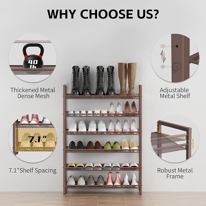 6-Tier Metal Large Shoe Rack,Tall Shoe Rack for Closet,entryway,Garage, with Adjustable Flat or Angled Shelves, Hold 20-26 Pairs Shoes