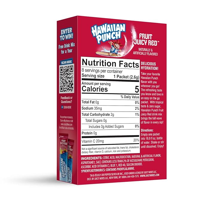 Hawaiian Punch Powder Drink Mix – Sugar Free & Delicious, Excellent source of Vitamin C (Fruit Juicy Red, 96 Sticks)