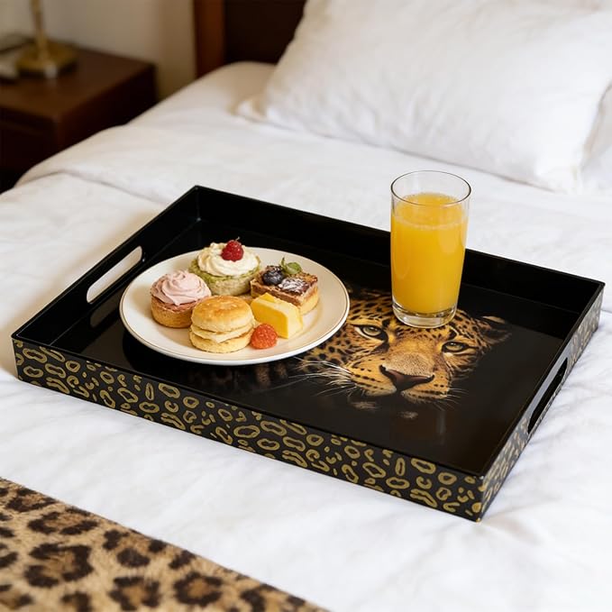 Serving Tray with Handles, 15.7 * 11.8 inches, Plastic Ottoman Tray with Exquisite Paintings, Trays for Coffee Table