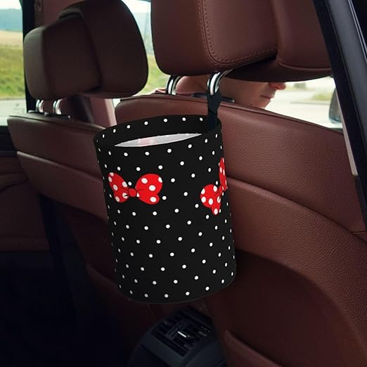 Cute Black Dots Red Bow Car Trash Can Garbage Cans Foldable,Small Hanging Car Organizer Storage Bag Leak Proof, Auto Back Seat Trash Bin Universal for Truck, SUV, Outdoor Travel