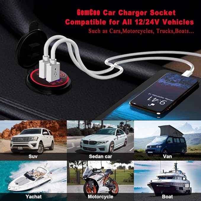 Quick Charge 3.0 Dual USB Car Charger Socket with Touch Switch 12V/24V 36W QC3.0 Dual USB Fast Charger Socket Power Outlet for Marine, Boat, Motorcycle, Truck, Golf Cart(Red)