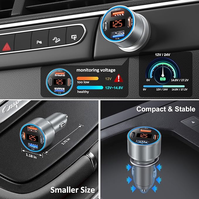 65W 4-Port Super Fast Type C Car Charger USB C for Galaxy S25 S24 S23 Ultra S22 A16 A53 A54 PD/QC3.0 Android Car Phone Charger with Voltage Display Cigarette Lighter Adapter+5FT Type C Coiled Cable