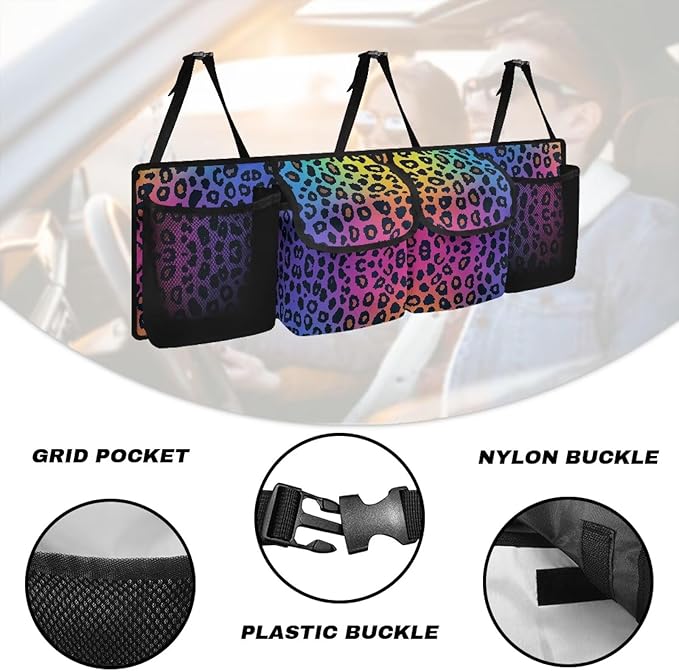 Rainbow Leopard Print Hanging Trunk Organizer Large Capacity Back of Seat Car Organizer with 4 Pockets & Buckle Straps, Waterproof Car Accessories for SUV Truck Sedan
