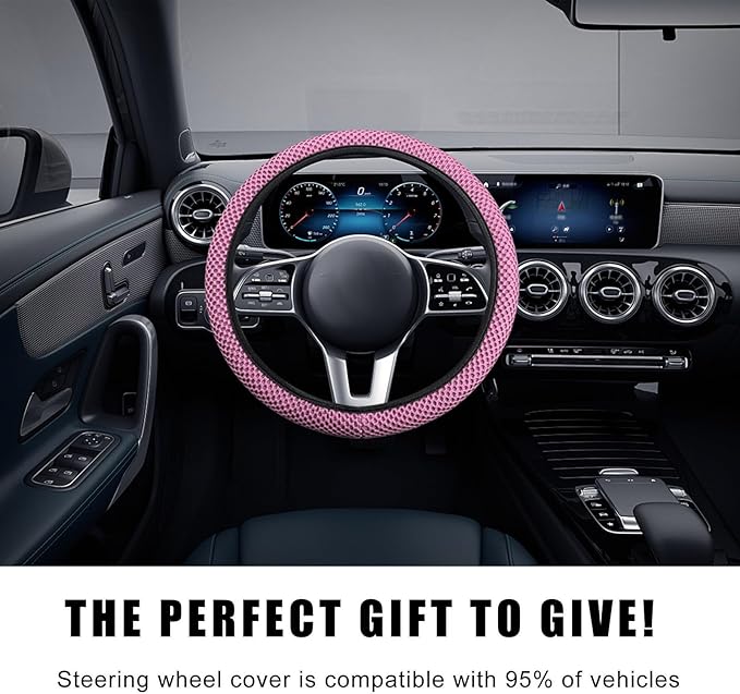 Car Steering Wheel Cover, 15 Inches Automotive Steering Wheel Protector, Elastic Stretch Steering Wheel Cover for Most Vehicles, Universal Interior Decor Car Accessories (Pink)