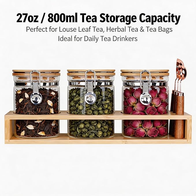 Airtight Glass Tea Containers with Bamboo Lids & Spoons (27oz) - Ultimate Storage Canisters for Loose Leaf Tea to Preserve Freshness & Flavor - Elegant Tea Caddy Jars for Kitchen & Pantry - Set of 3