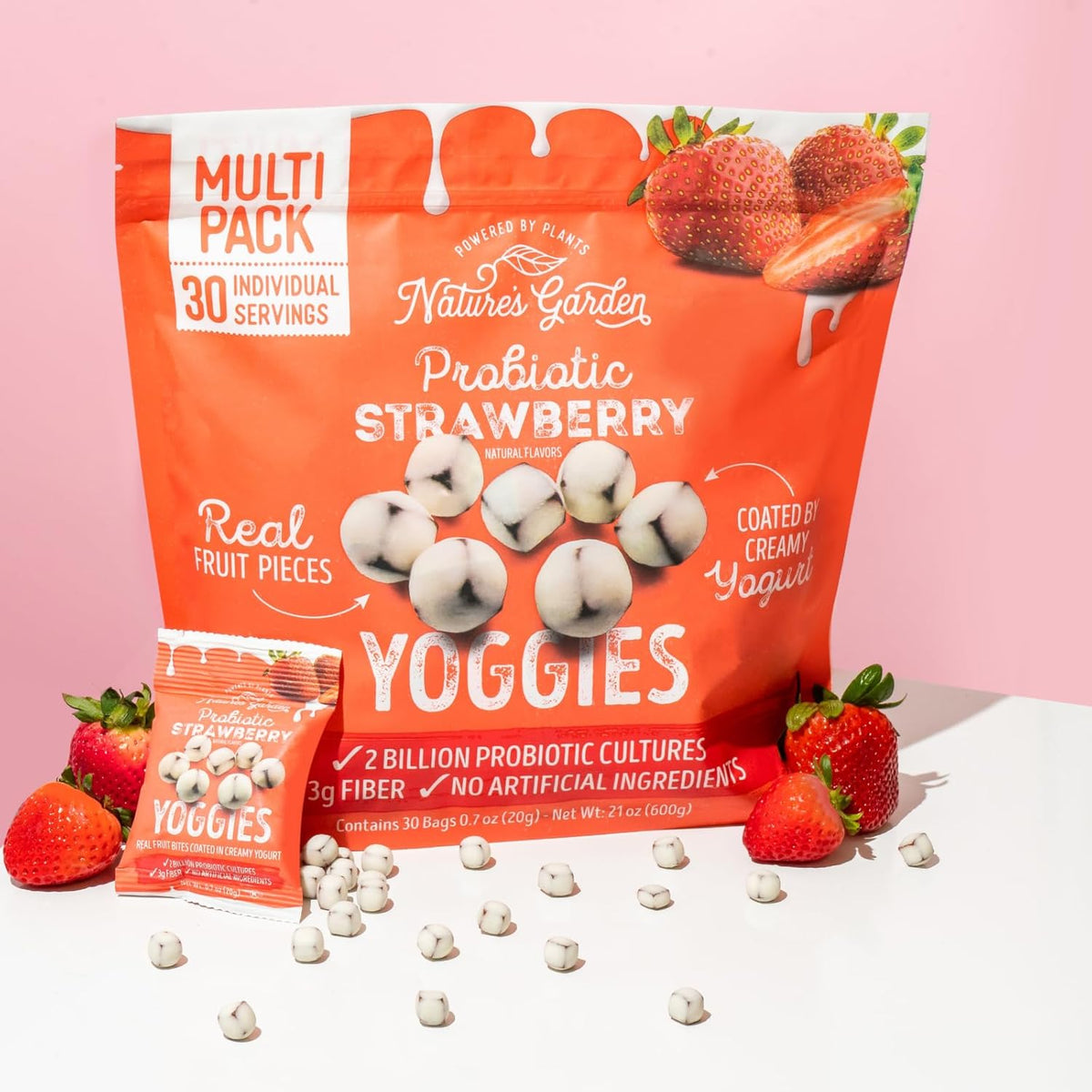 Nature's Garden Probiotic Strawberry Yoggies 21oz (30 x 0.7oz) Pack of 2 - Strawberry Yogurt-Covered Fruit Bites, High Fiber, Real Fruit Pieces, No Artificial Flavor, On-the-Go Snack for Adults