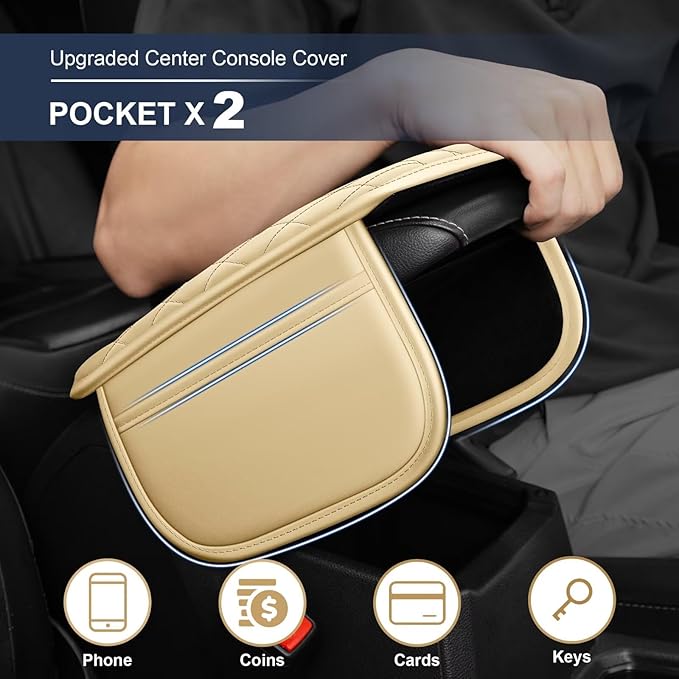 YORKNEIC Center Console Cover Fit for Ford Escape: Middle Console Cover with 2 Storage Pocket,Faux Leather Waterproof Anti-Scratch Car Armrest Cover Protector(Beige)