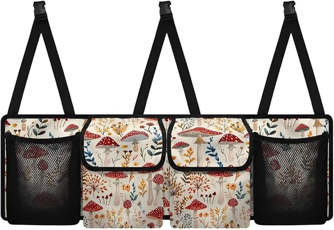Car Trunk Organizers, Mushroom Backseat Hanging Organizer with 4 Large Storage Bag, Waterproof Car Organizer with Adjustable Strap, Road Trip Large Capacity Bag