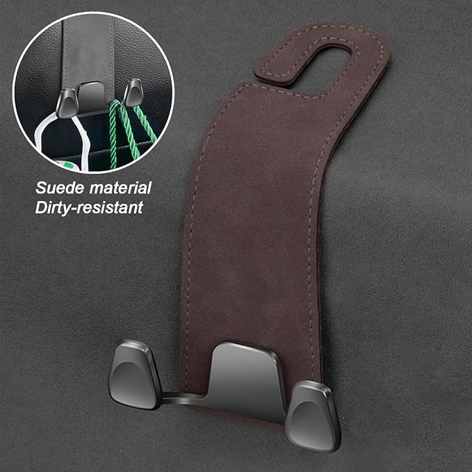 Car Seat Headrest Hook, 2PCS Leather & Metal Double Hook Vehicle Back Seat Hanger Holder for Phone Handbag Purse, Automobile Storage Organizer, Universal for Van Truck Sedan (Brown)