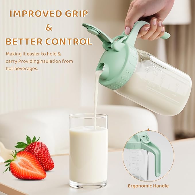 Breast Milk Pitcher, Mason Jar 32 oz, Heavy Duty Wide Mouth Jar with Green Flip Cap Lid and Pour Spout, Airtight Seal for Freshness and Convenience, Great for Cold Beverages and Home Entertaining