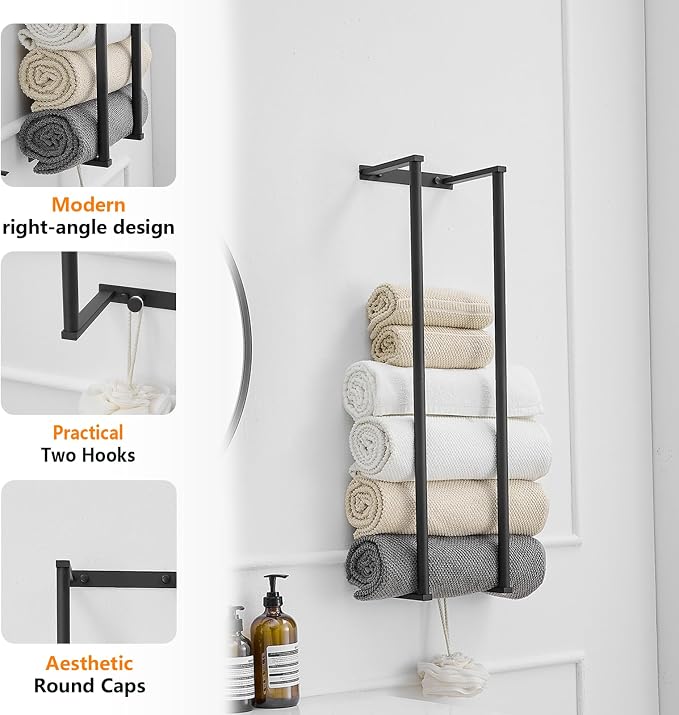 BWE Matte Black Towel Racks for Bathroom, 28" Stainless Steel Bathroom Towel Holder for Rolled Towels, Wall Mounted Towel Storage for Bathroom with 2 Hooks, 6 Large Bath Towels Capacity