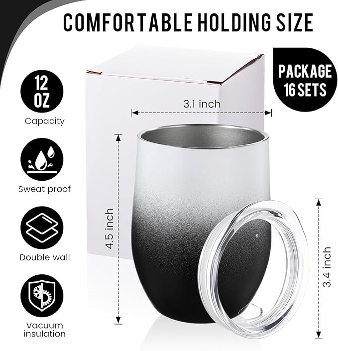 16 Pack Stainless Steel Wine Tumblers 12 oz Insulated Vacuum Wine Cup Set Double Wall Stainless Steel Stemless Mug Glasses for Coffee Soda Whiskey Outdoor Travel (Black and White)