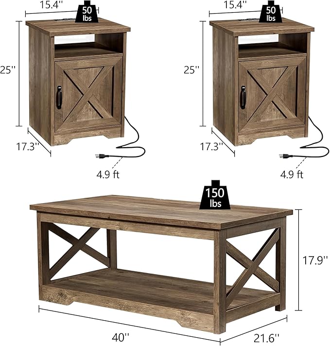 3-Piece Farmhouse Living Room Table Sets, Includes 1 x Coffee Table, 2 x End Tables with Charging Station & USB Ports, Rustic Coffee Table Set of 3, Barnwood
