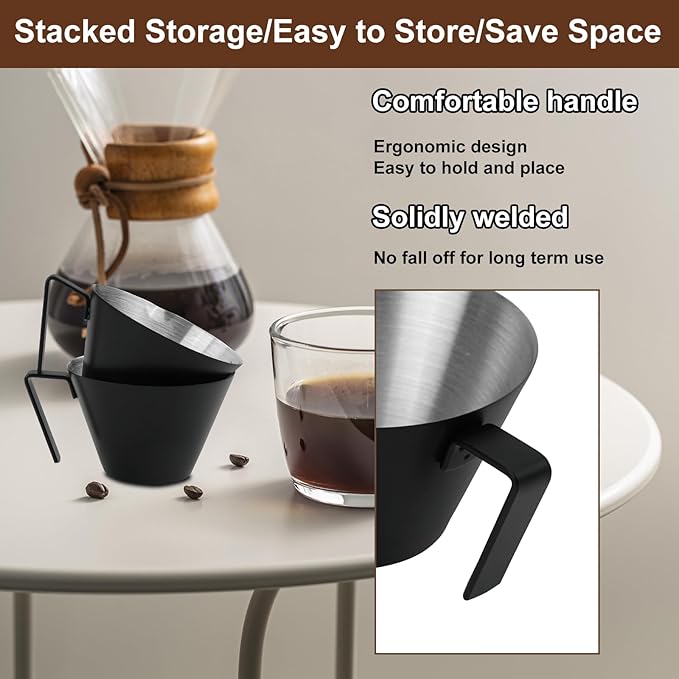 2Pcs Espresso Cups with Handle, WCHOSOZH 3.4OZ Espresso Accessories, Stainless Steel Spout Measuring Cup with Scale, Espresso Pouring Cup with V-Shaped Mouth (V-Deep Mouth - Black)