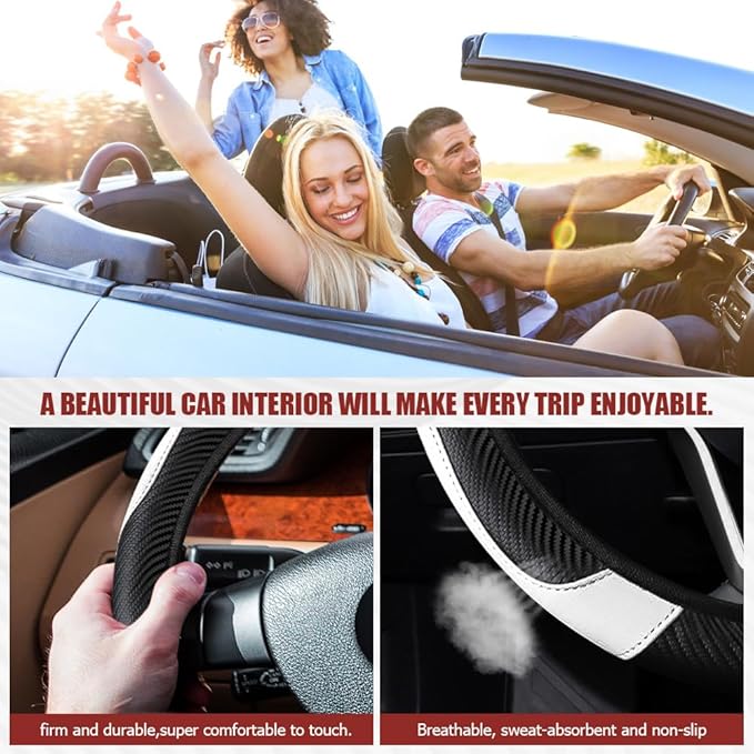Car Steering Wheel Cover, Steering Wheel Protector, Universal 14.5-15 Inch Microfiber Leather Breathable Auto Steering Wheel Covers, Carbon Fiber Steering Wheel Cover for Women Men (White)
