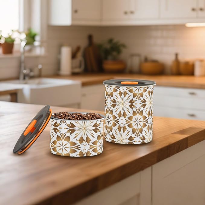 ALAZA Gold Geometric Flower Floral Airtight Coffee Bean Canister 500ml Food Storage Containers with Lids For Gournd, Tea, Sugar, Flour, Rice, Cereal, Candy Cookie Jar