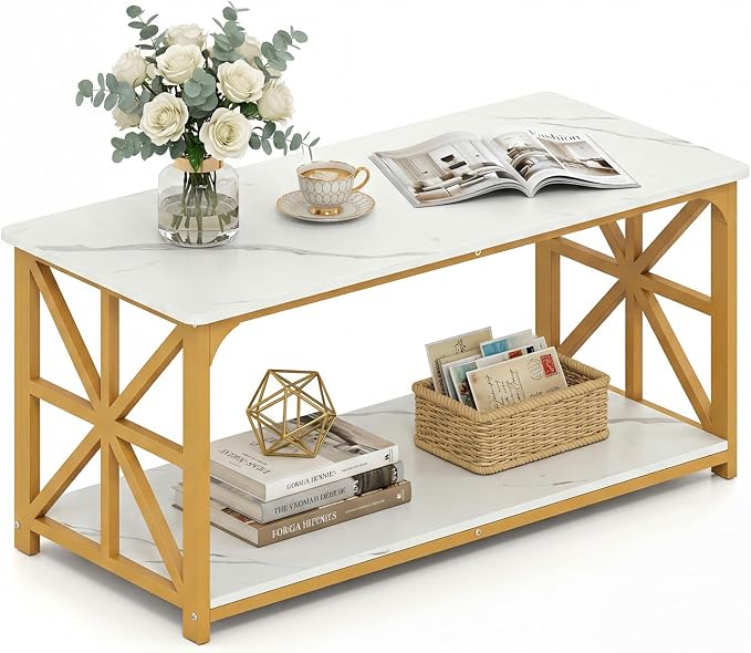 Giantex Farmhouse Coffee Table, 43" Faux Marble Center Table w/Storage & X-Shaped Frames, 2-Tier Modern Accent Cocktail Tea Table, Rectangular Wooden Living Room Tables for Small Spaces, Gold & White