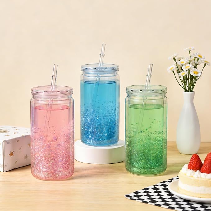 10 Pack 16oz Plastic Snow Globe Tumbler, Pre Drilled Double Wall Tumblers with Clear Lid and Straws Clear Snow Globe for Glitter DIY
