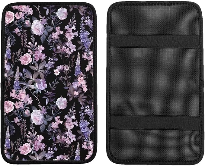 Cute Floral Car Center Console Cover Polyester Fabric Middle Console Cushion Pad Armrest Seat Box Lid Protective Covers Purple Wildflower Cars Decor Accessories